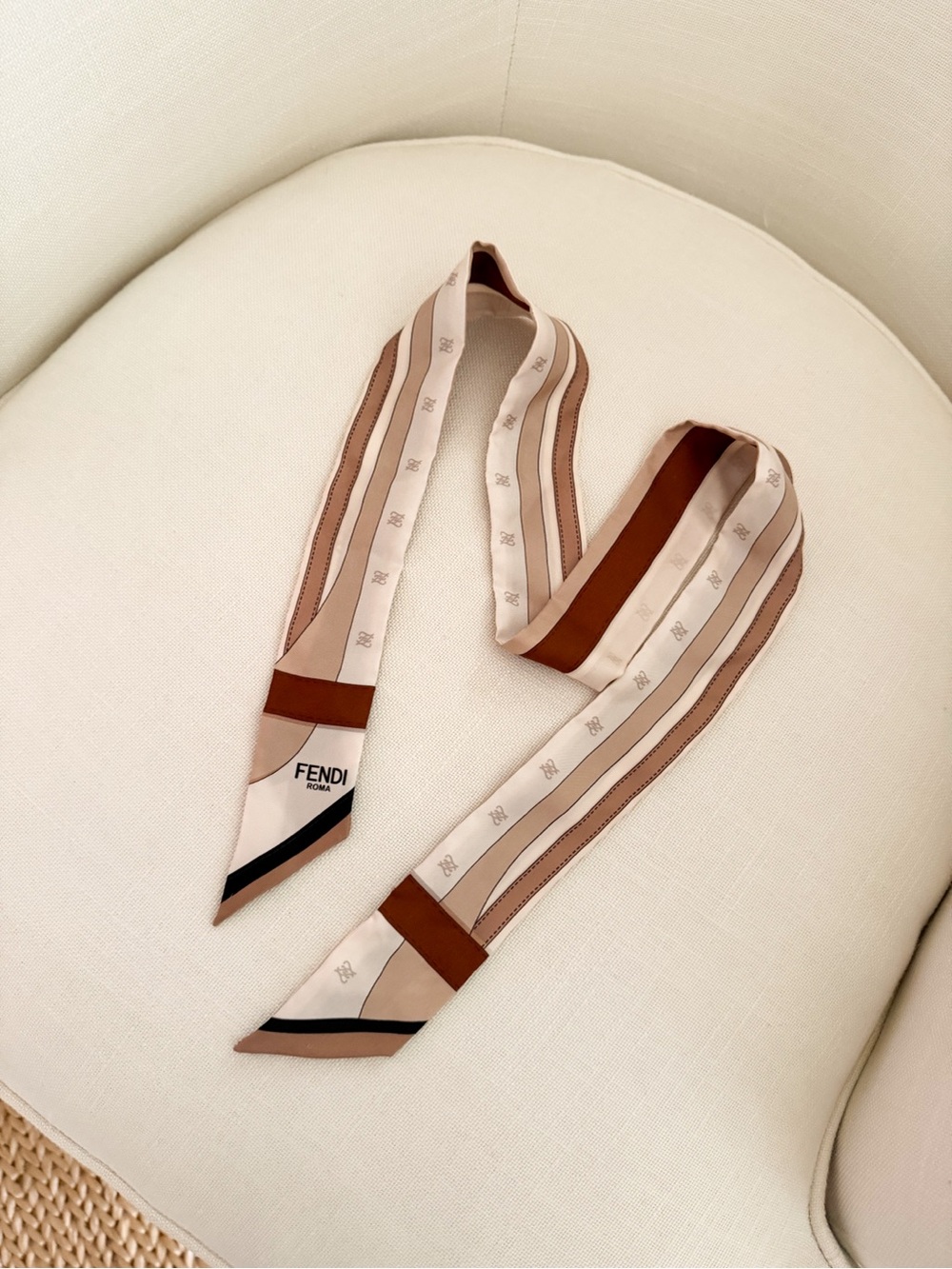 Fendi Slim Silk Scarf in Beige, Brown & Black